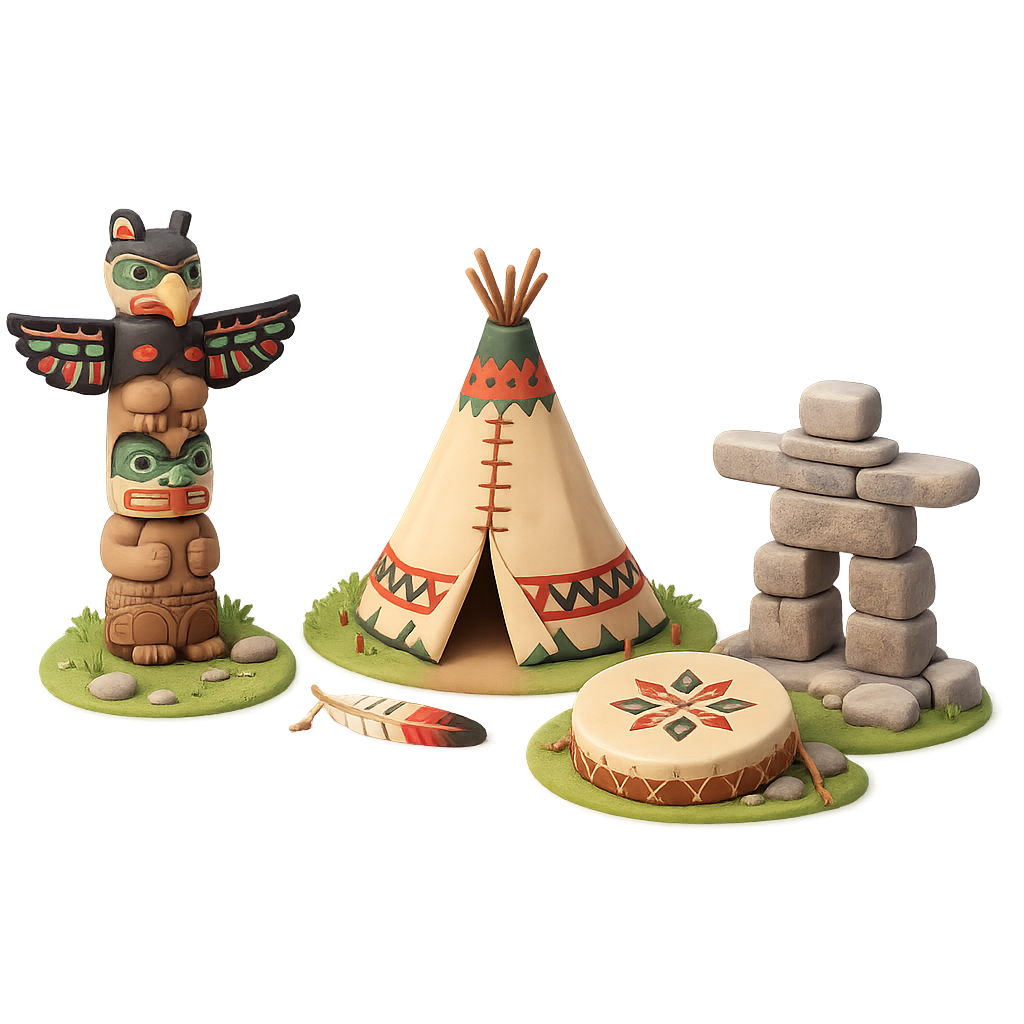 Symbols of First Nations heritage — totem pole, tipi, hand drum and inukshuk